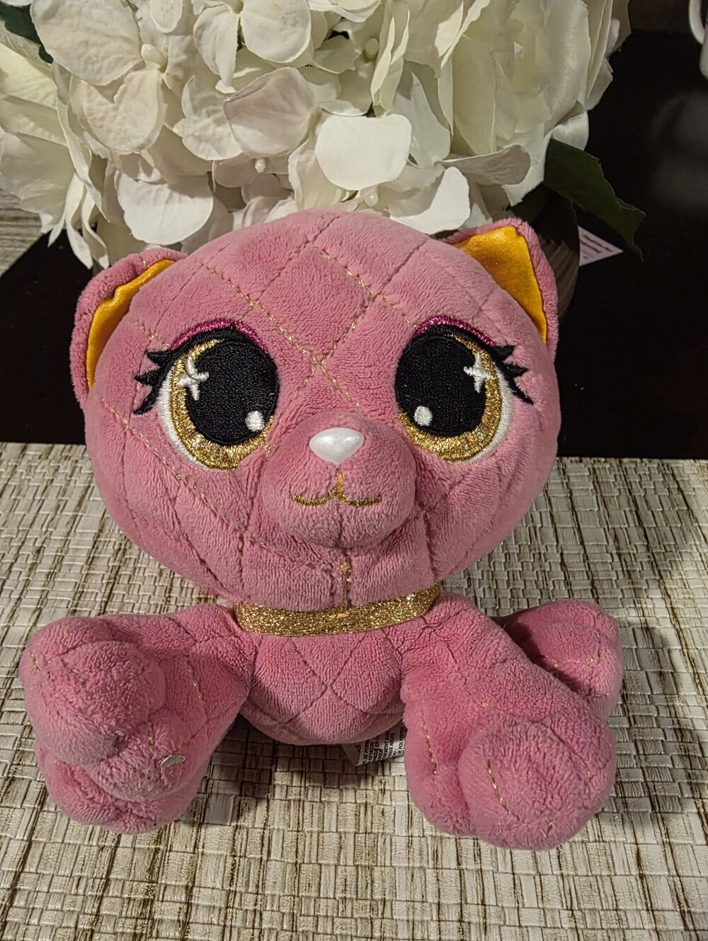 Plush Quilted Pink Cat Toy with Glitter Collar - Soft Pet Playmate